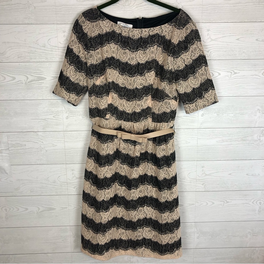 IVY & BLU MAGGY BOUTIQUE TAN BLACK SEQUIN DRESS SIZE 8 WITH BELT